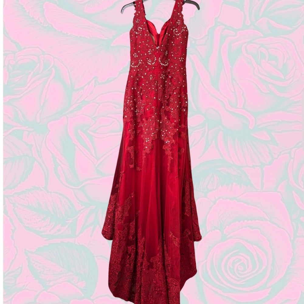 Red Lace Rhinestone High-Low Prom Formal Evening Dress Size 4 - Picture 2 of 6